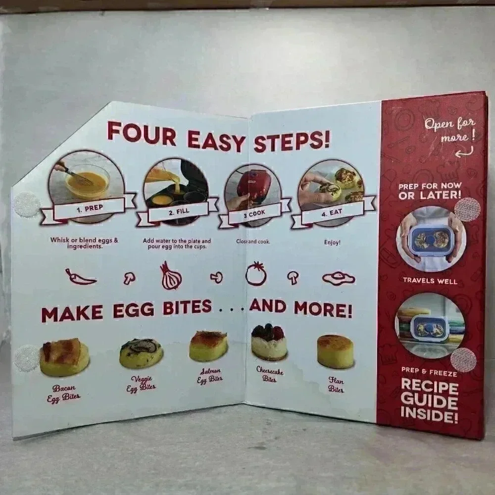 DASH Egg Bite Maker Fast Heating w/ 4 Silicone Molds & Recipe Guide NEW! Red